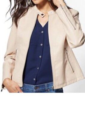 NEW YORK & CO. banded collar moto in creamy buff (L)